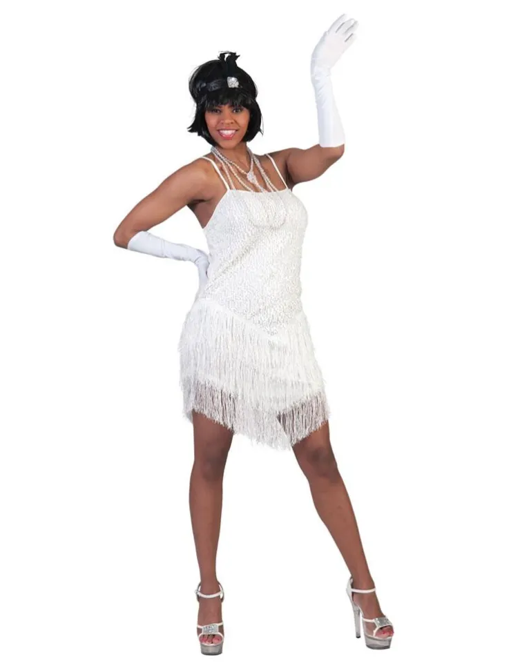 Clearance Déguisement Robe Paillettes Blanche avec Franges - Taille 32/34 Déguisements Adultes