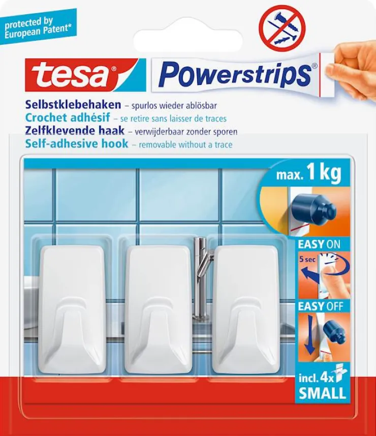 Hot Powerstrips® crochets S rectangulaires blancs (3 crochets + 4 languettes) Rubans Adhésif