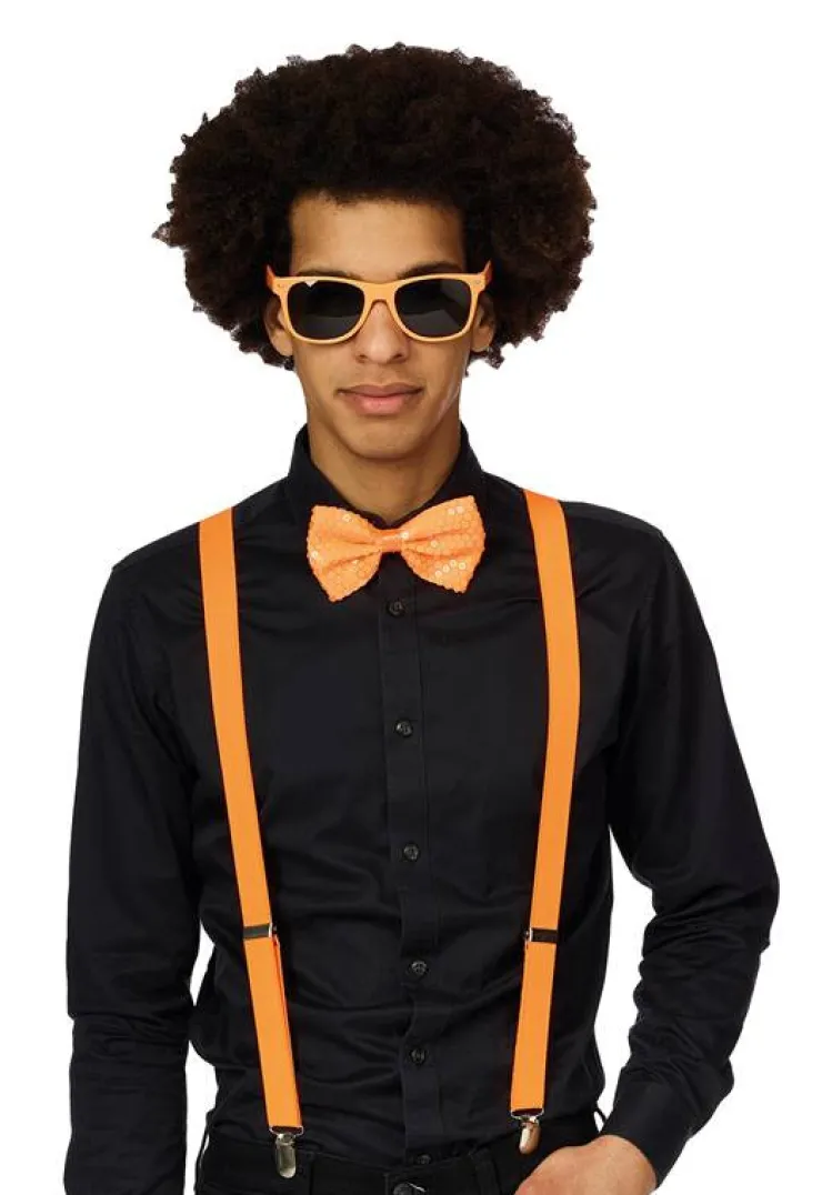Set Fluo Orange - Bretelles + Nœud Papillon + Lunettes Accessoires
