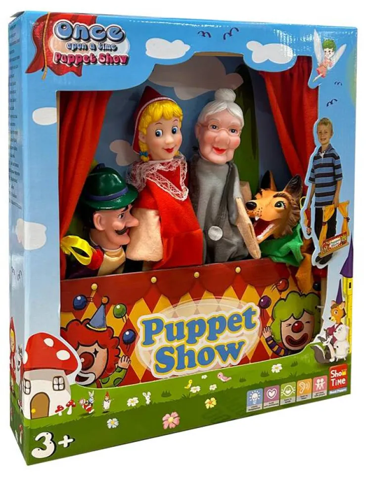 New Théâtre de Marionnettes en Bois - Modèle de Table - Inclus 4 Marionnettes Poupées Et Peluches